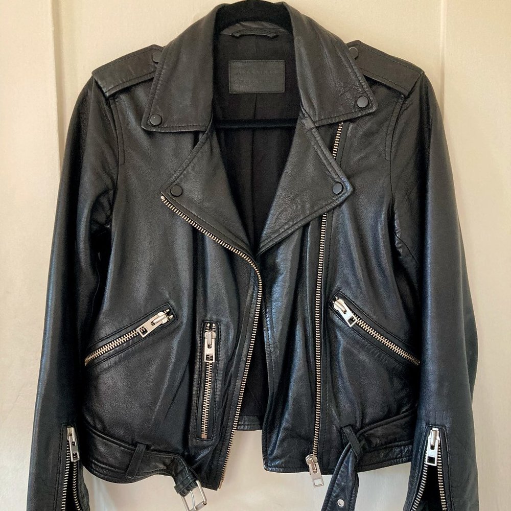 All Saints Balfern Belted Leather Jacket in Black US 6